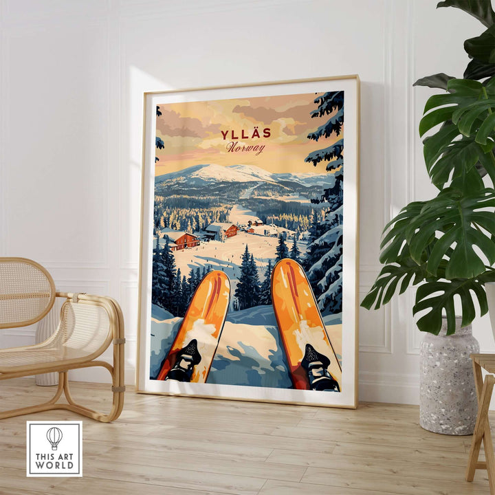 Ylläs ski resort print showcasing snowy mountains and cozy cabins in Norway, perfect for winter and skiing enthusiasts.
