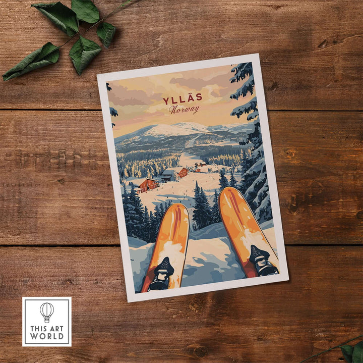 Ylläs ski resort print showcasing skiers and snowy mountain landscape in Norway, perfect for winter adventure lovers.