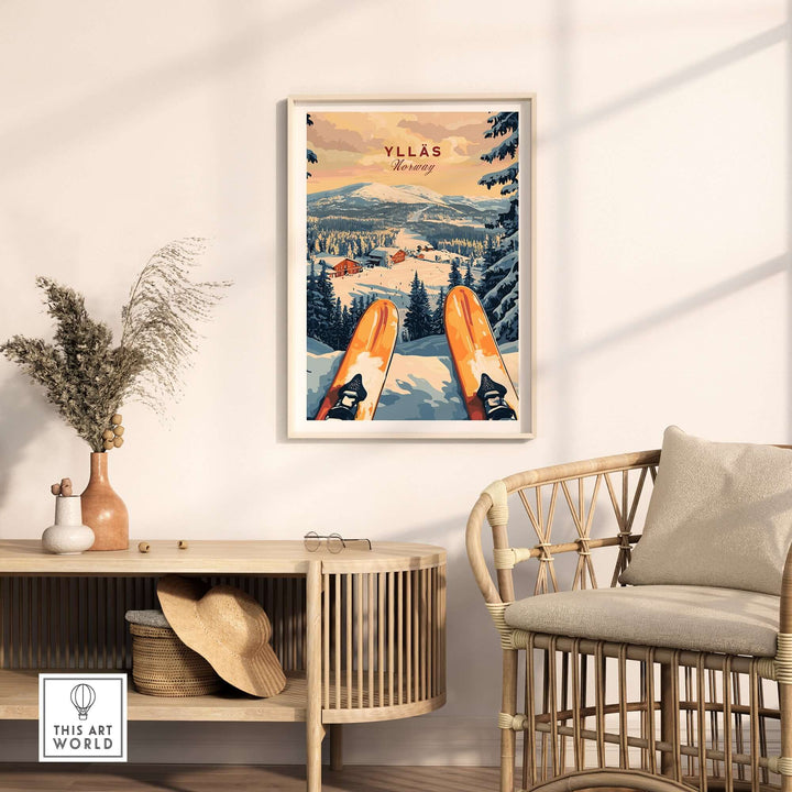 Ylläs ski resort print featuring skis and snowy landscape in cozy interior setting.