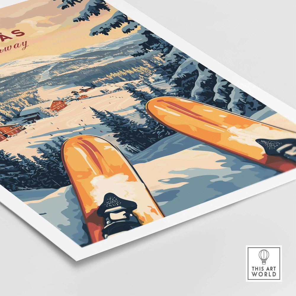 Ylläs Ski Resort print showing vibrant ski gear and snowy landscape in Norway, perfect for winter adventure lovers.