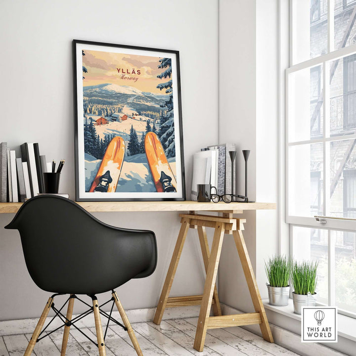 Ylläs ski resort print in a modern space, showcasing winter landscape and skis, perfect for mountain lovers.