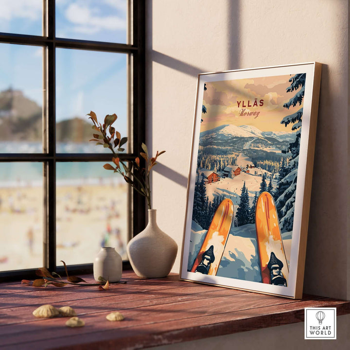 Ylläs ski resort print showcasing snowy mountains and skiers, perfect for winter adventure and ski enthusiasts.