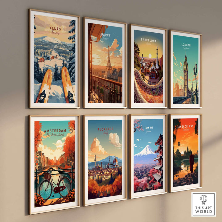 Gallery of vintage travel posters featuring Ylläs, Paris, Barcelona, London, Amsterdam, Florence, Tokyo, and Angkor Wat.