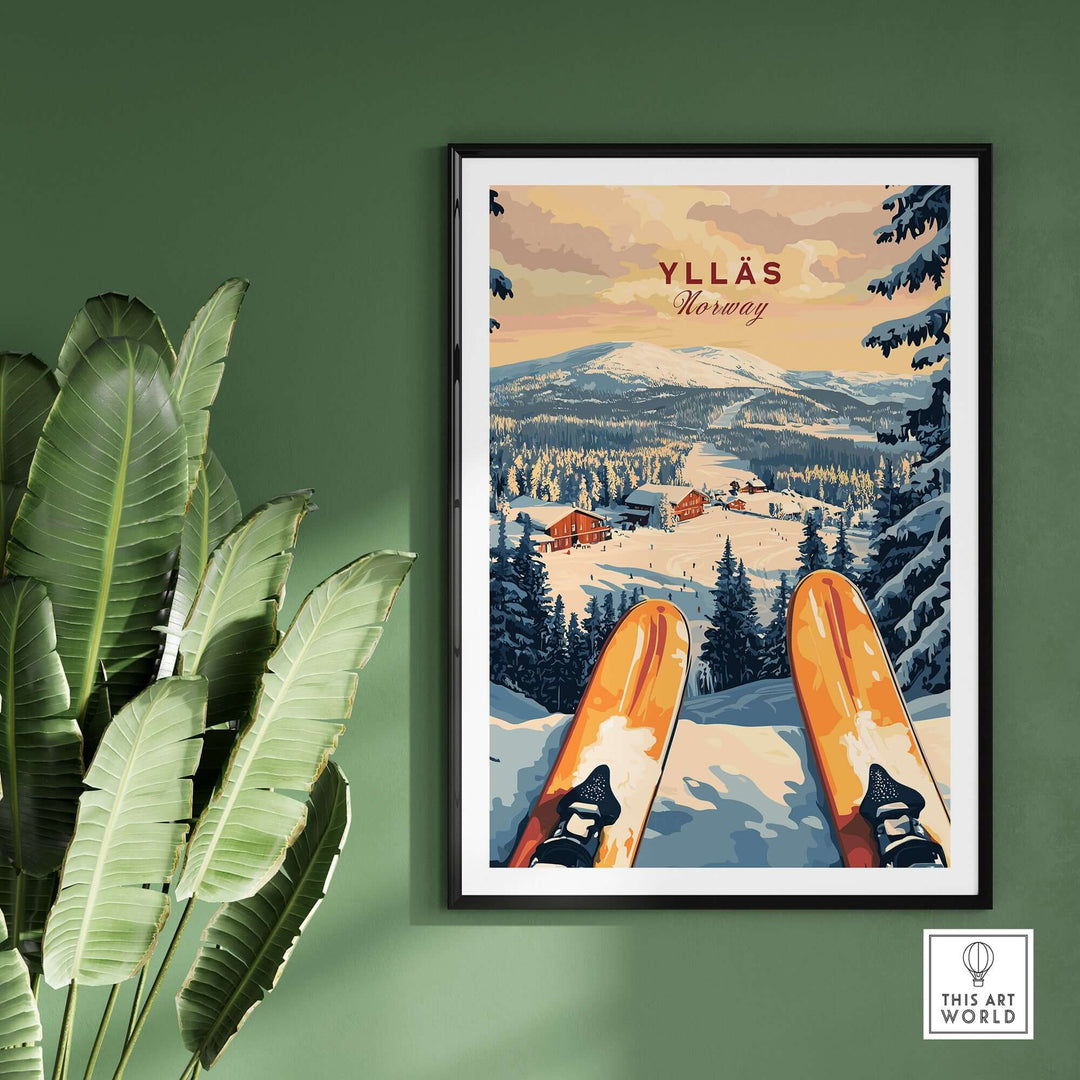 Ylläs Ski Resort print showcasing skiers and snowy cabins, perfect for mountain lovers and winter enthusiasts.