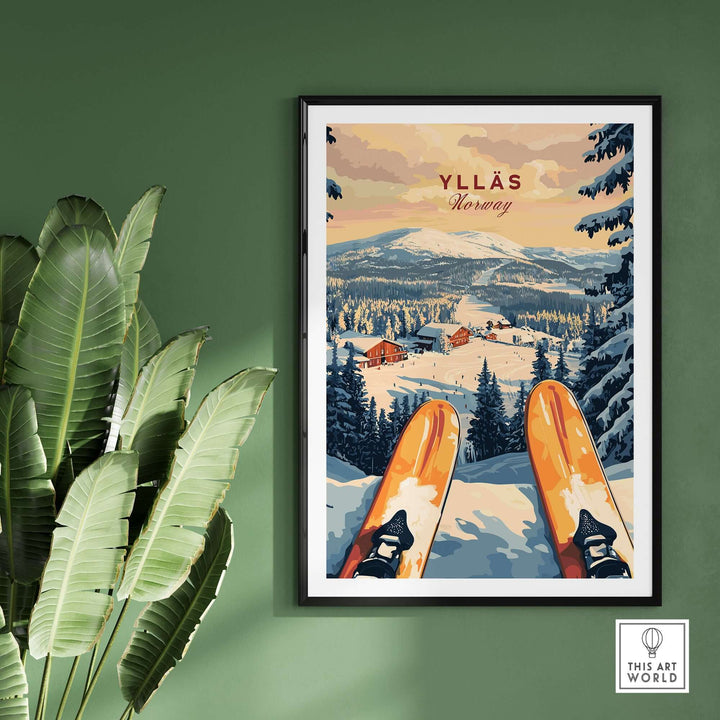 Ylläs Ski Resort print showcasing skiers and snowy cabins, perfect for mountain lovers and winter enthusiasts.