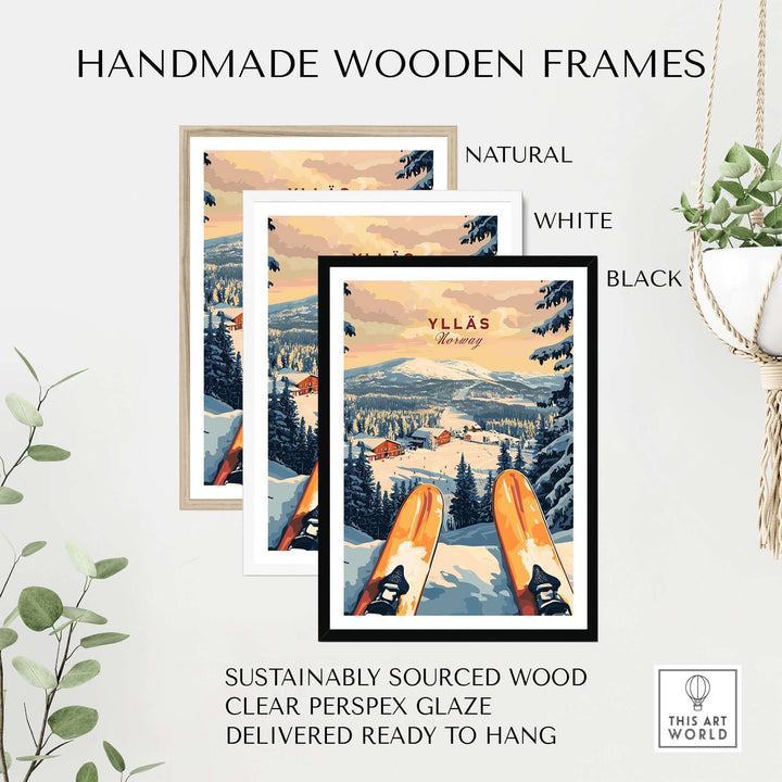Handmade wooden frames in natural, white, and black for Ylläs ski resort print, made from sustainably sourced wood.