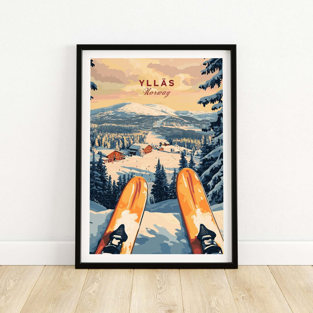 Ylläs Ski Resort print showcasing snowy mountains and skiers in Norway, perfect wall art for winter adventure lovers.