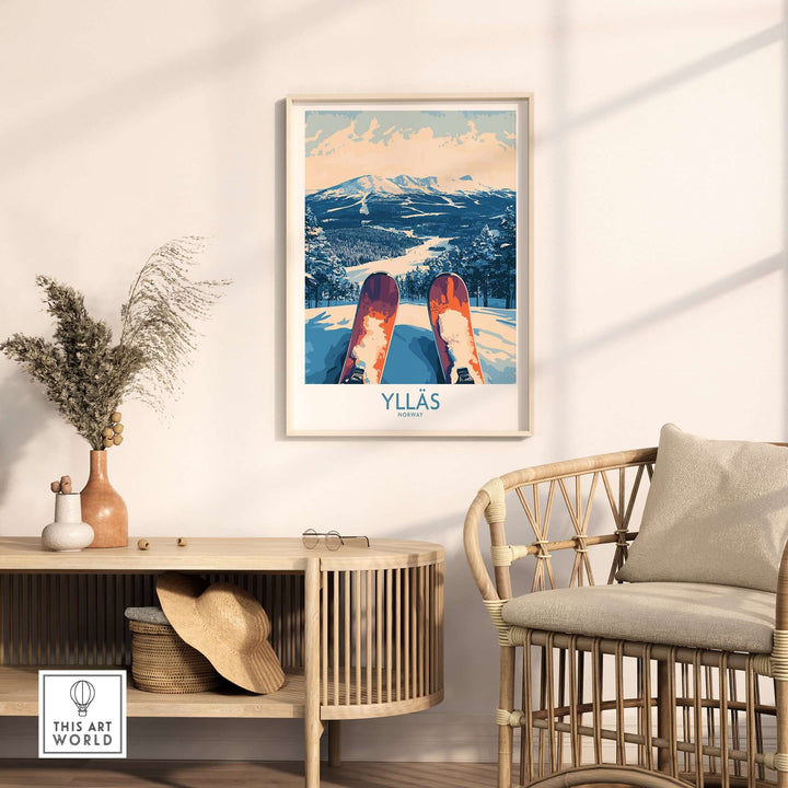 Ylläs winter poster featuring skiing view from top of slopes, capturing snowy landscape and ready-to-ski perspective.