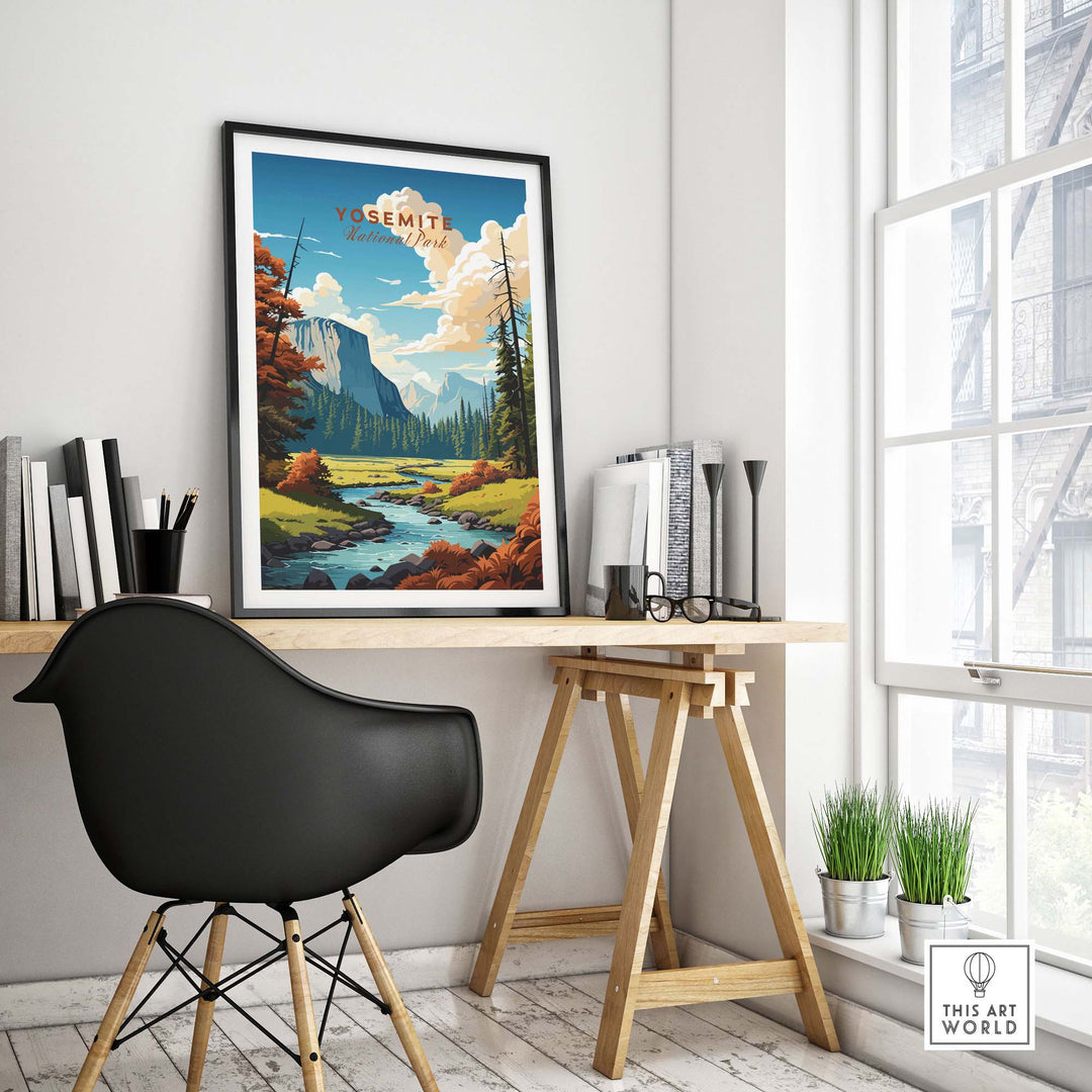 Yosemite National Park poster framed on a desk in a stylish room, showcasing nature's beauty and inspiration.