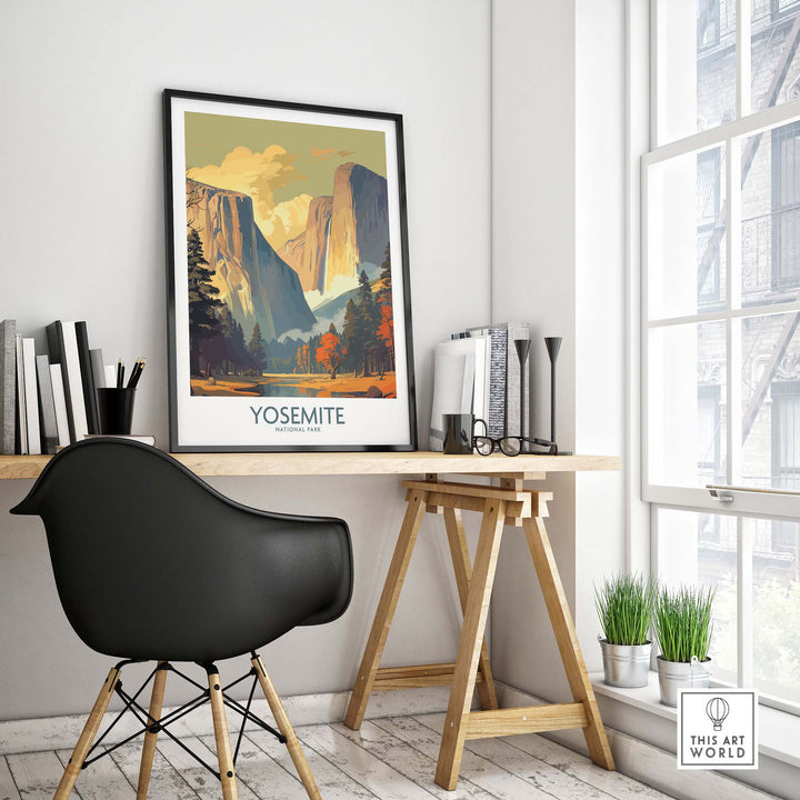 Yosemite wall art print displayed in a modern workspace, showcasing the park's stunning scenery and vibrant colors.