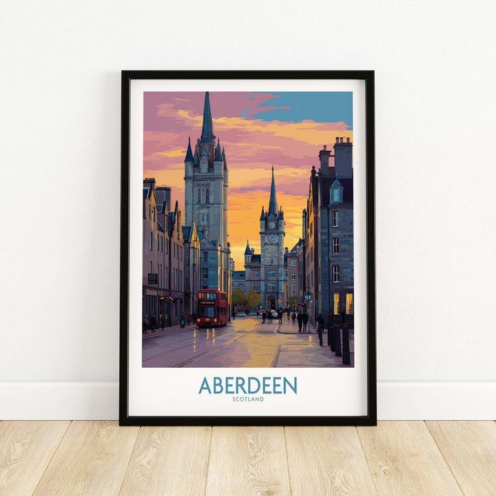 Aberdeen Scotland Sunset Art Print | Vibrant Cityscape Wall Poster showcasing glowing colors and urban charm.