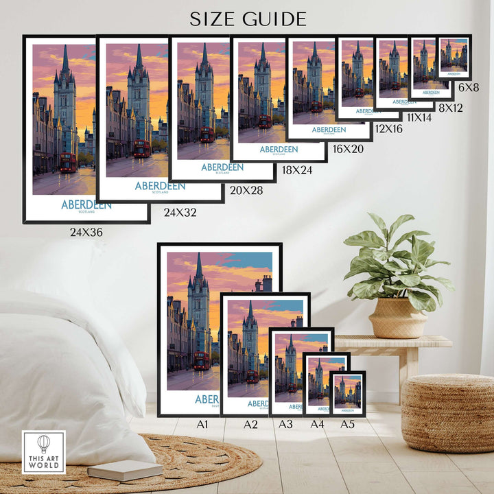 Aberdeen Scotland Sunset Art Print | Vibrant Cityscape Wall Poster size guide showcasing various frame sizes.
