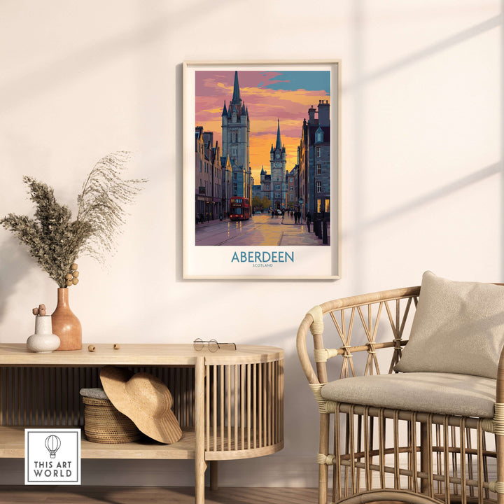 Aberdeen Scotland Sunset Art Print | Vibrant Cityscape Wall Poster displayed in a stylish living room setting.