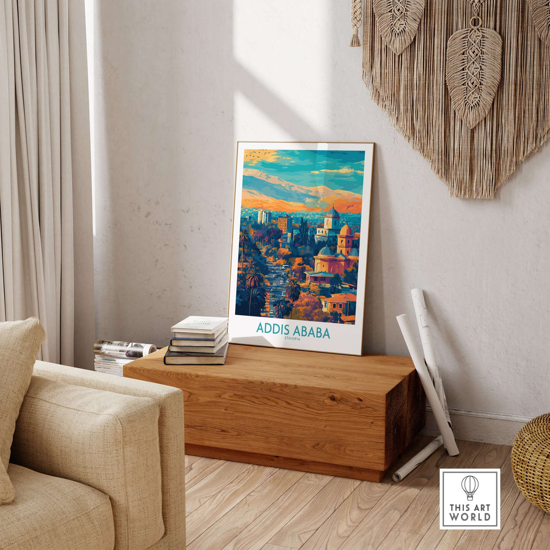 Addis Ababa panoramic wall art displayed in a cozy room, adding vibrant Ethiopian culture to home decor.