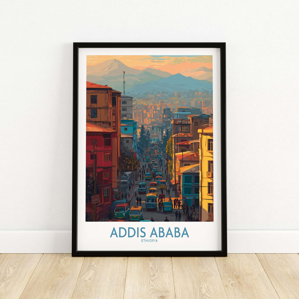Addis Ababa skyline print showcasing vibrant cityscape and mountains, perfect travel artwork for adventure lovers.