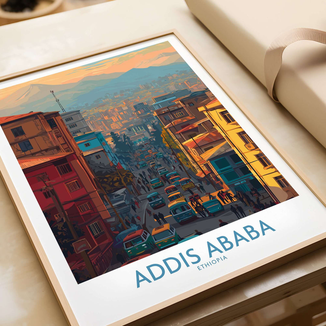 Addis Ababa skyline print showcasing vibrant cityscape, ideal for travel art lovers and decor enthusiasts.