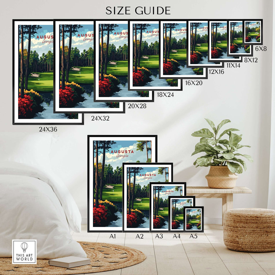 Size guide for Augusta Georgia golf course art print, showcasing available frame sizes and decor ideas.