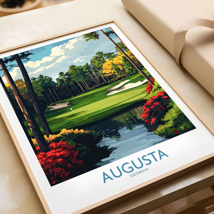 Augusta Georgia Masters Golf Poster featuring a vibrant fairway scene and colorful foliage, perfect for golf lovers.
