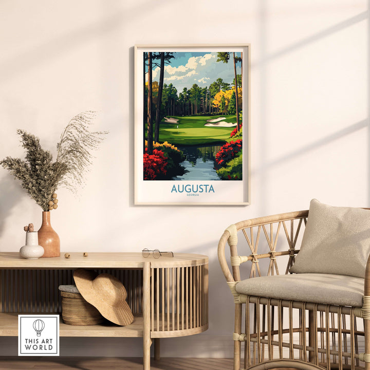 Augusta Georgia Masters Golf Poster displayed in a stylish room, showcasing vibrant fairway and floral details.