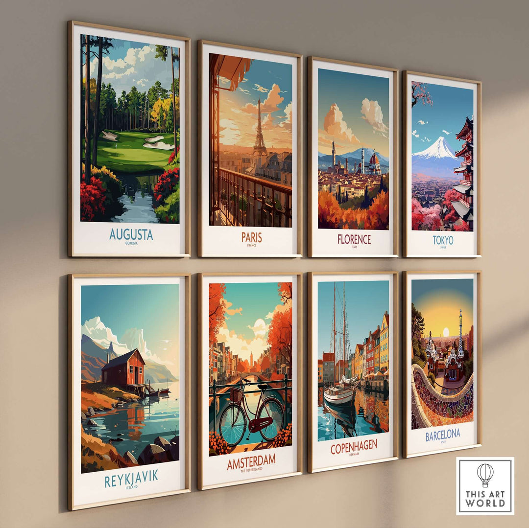 Wall display of travel posters featuring Augusta, Paris, Florence, Tokyo, Reykjavik, Amsterdam, Copenhagen, and Barcelona.