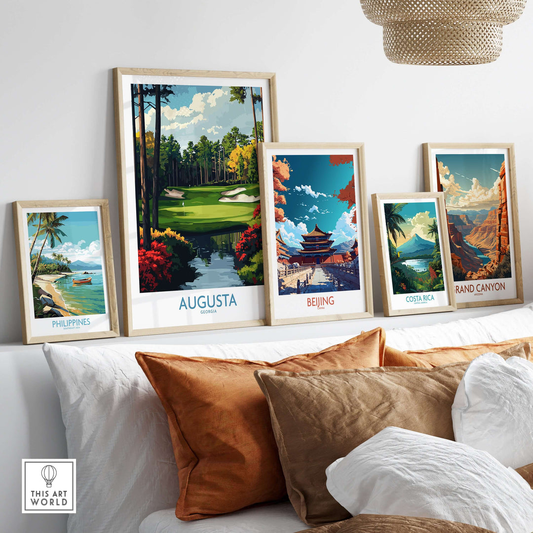 Augusta Georgia Masters Golf Poster among framed travel art prints in a stylish interior decor setting.