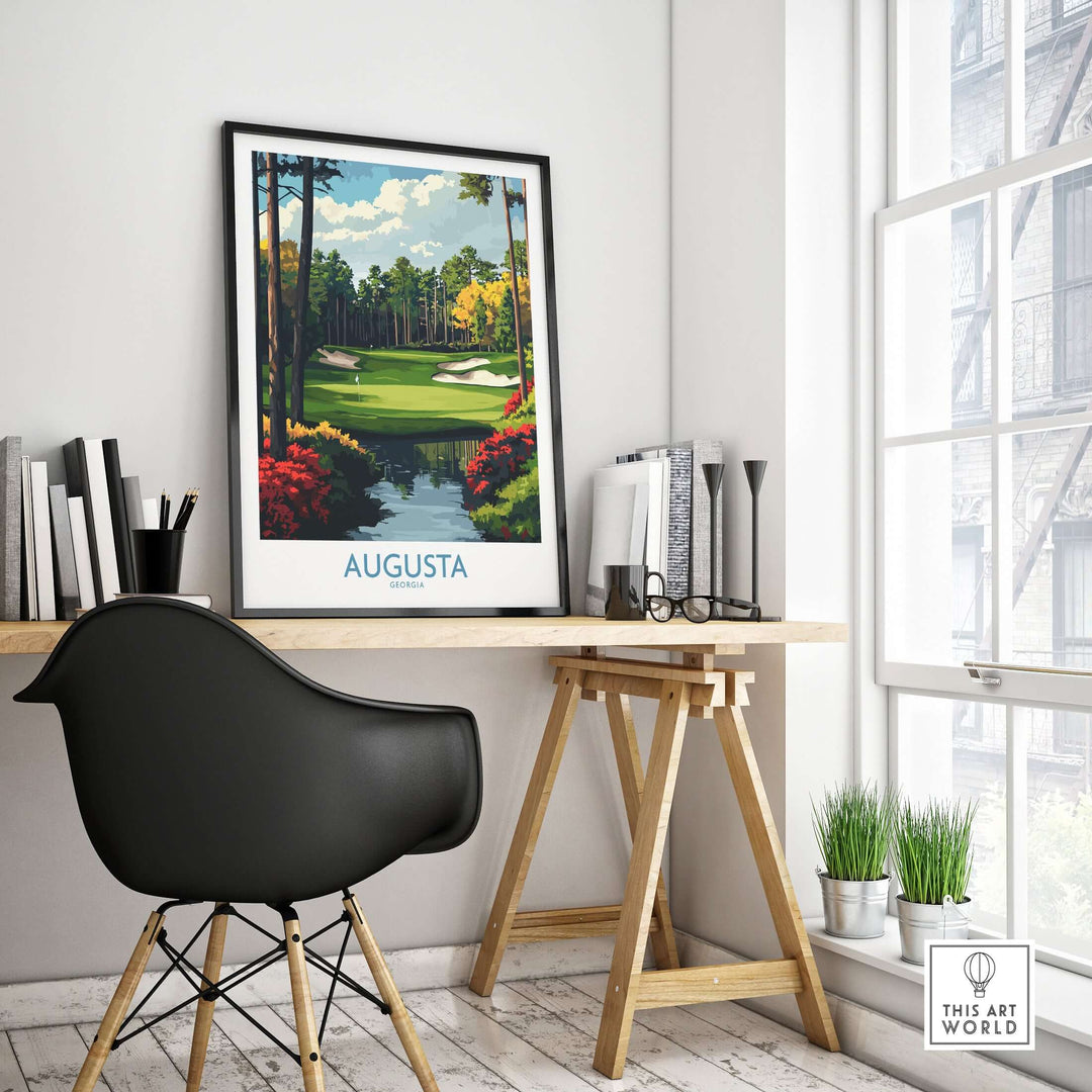 Augusta Masters golf poster displayed in a modern office, showcasing vibrant fairway art.