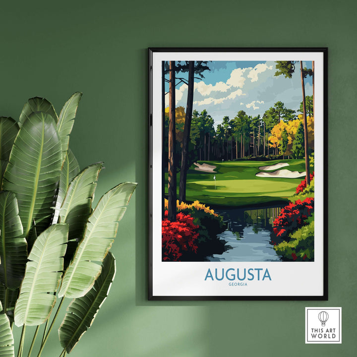 Augusta Georgia Masters golf poster showcasing iconic championship fairway with vibrant colors and lush landscape.
