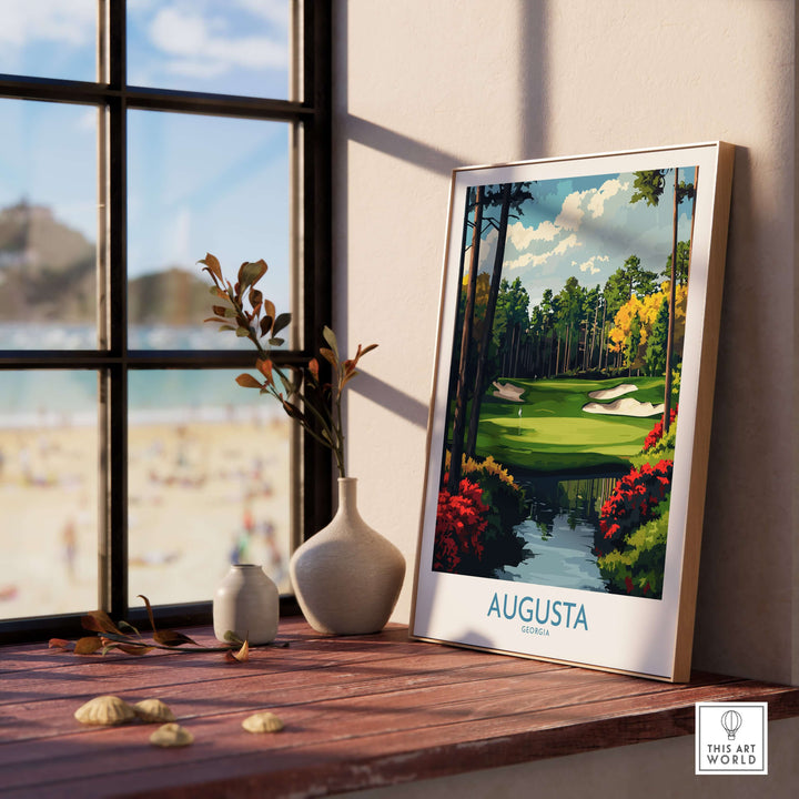 Augusta Georgia Masters golf poster on window ledge, featuring vibrant fairway art and decorative elements.