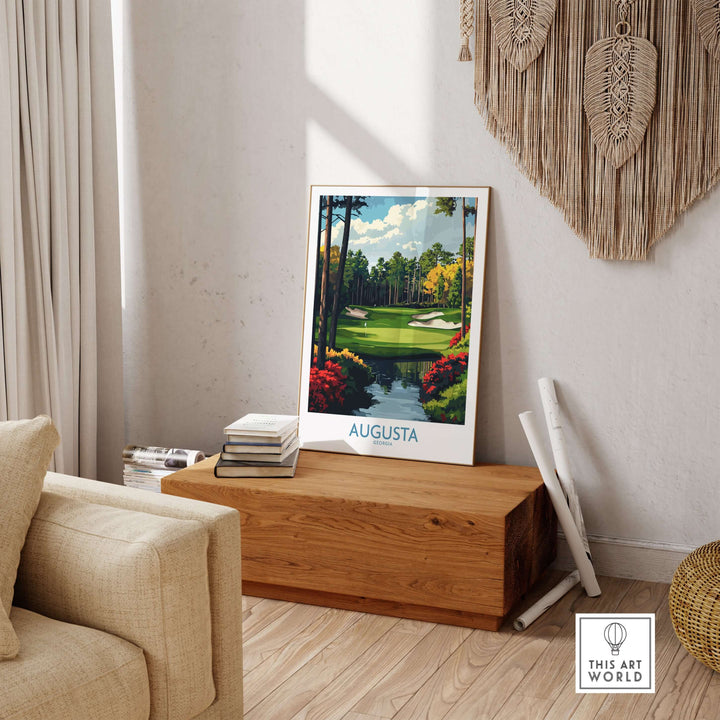 Augusta Masters Golf Poster on display, featuring a beautiful championship fairway and vibrant colors.