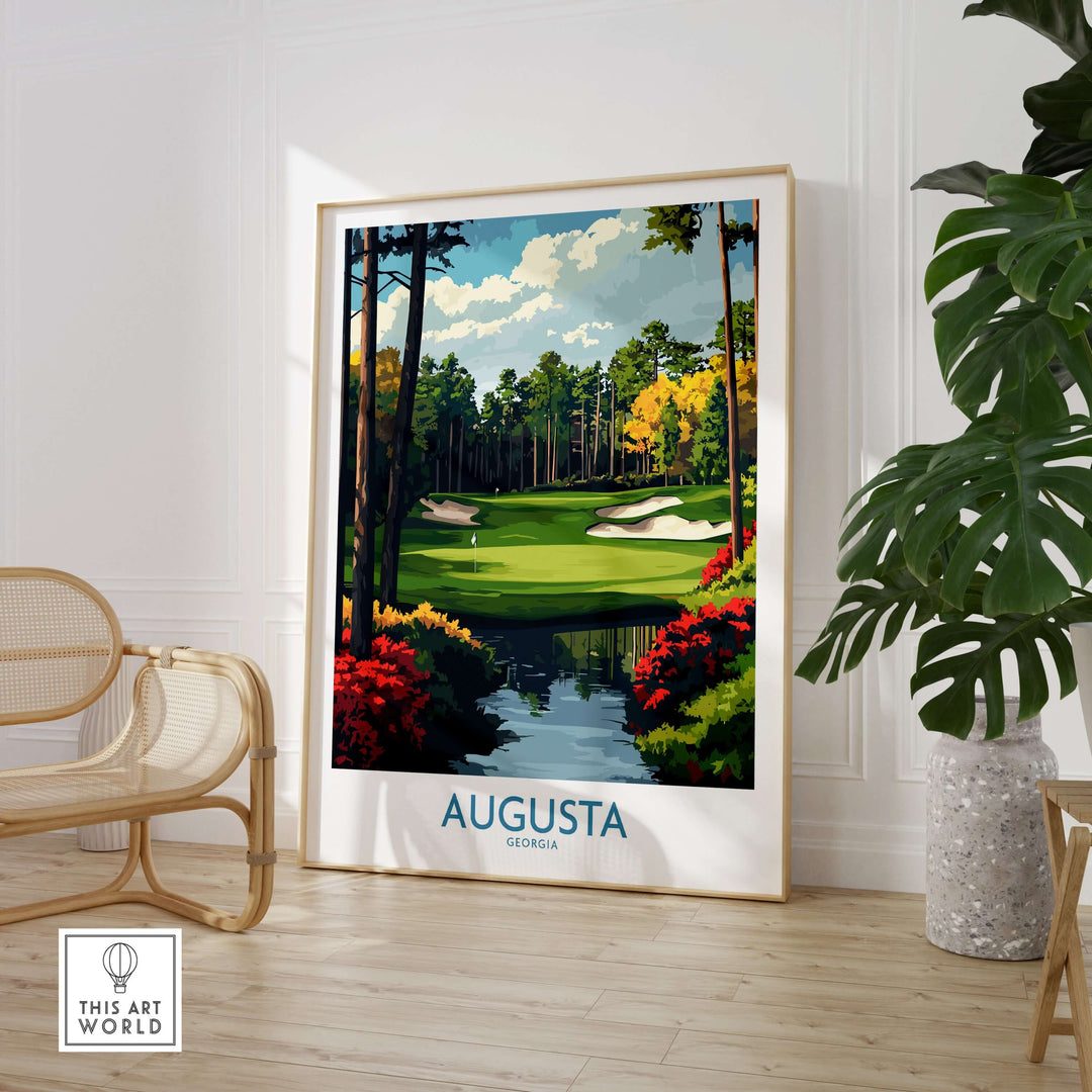Augusta Georgia Masters Golf Poster featuring a championship fairway and vibrant landscaping, perfect for wall decor.