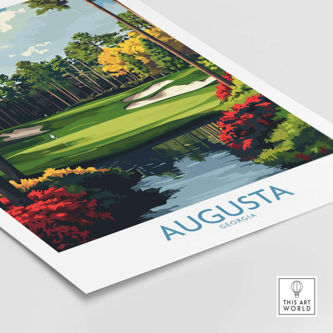 Augusta Georgia Masters Golf Poster showcasing iconic fairway and vibrant scenery, ideal for golf wall art lovers.