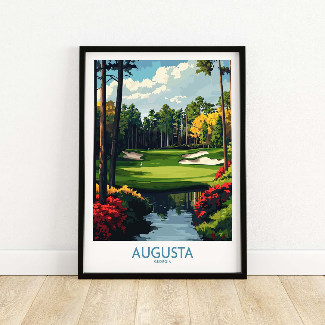 Augusta Georgia Masters Golf Poster featuring vibrant fairway and scenic landscape artwork.