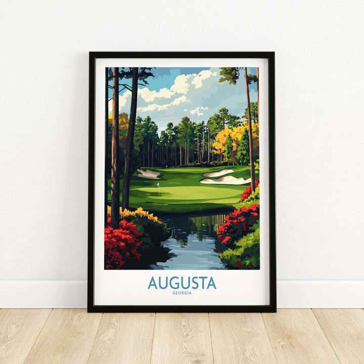 Augusta Georgia Masters Golf Poster featuring vibrant fairway and scenic landscape artwork.