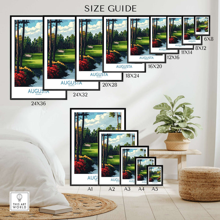 Size guide for Augusta Georgia Masters Golf Poster, showcasing various frame sizes and a beautiful golf course image.