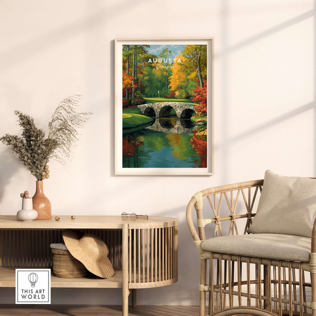 Augusta Georgia Hogan Bridge golf print on wall, showcasing serene autumn colors and reflections in water.