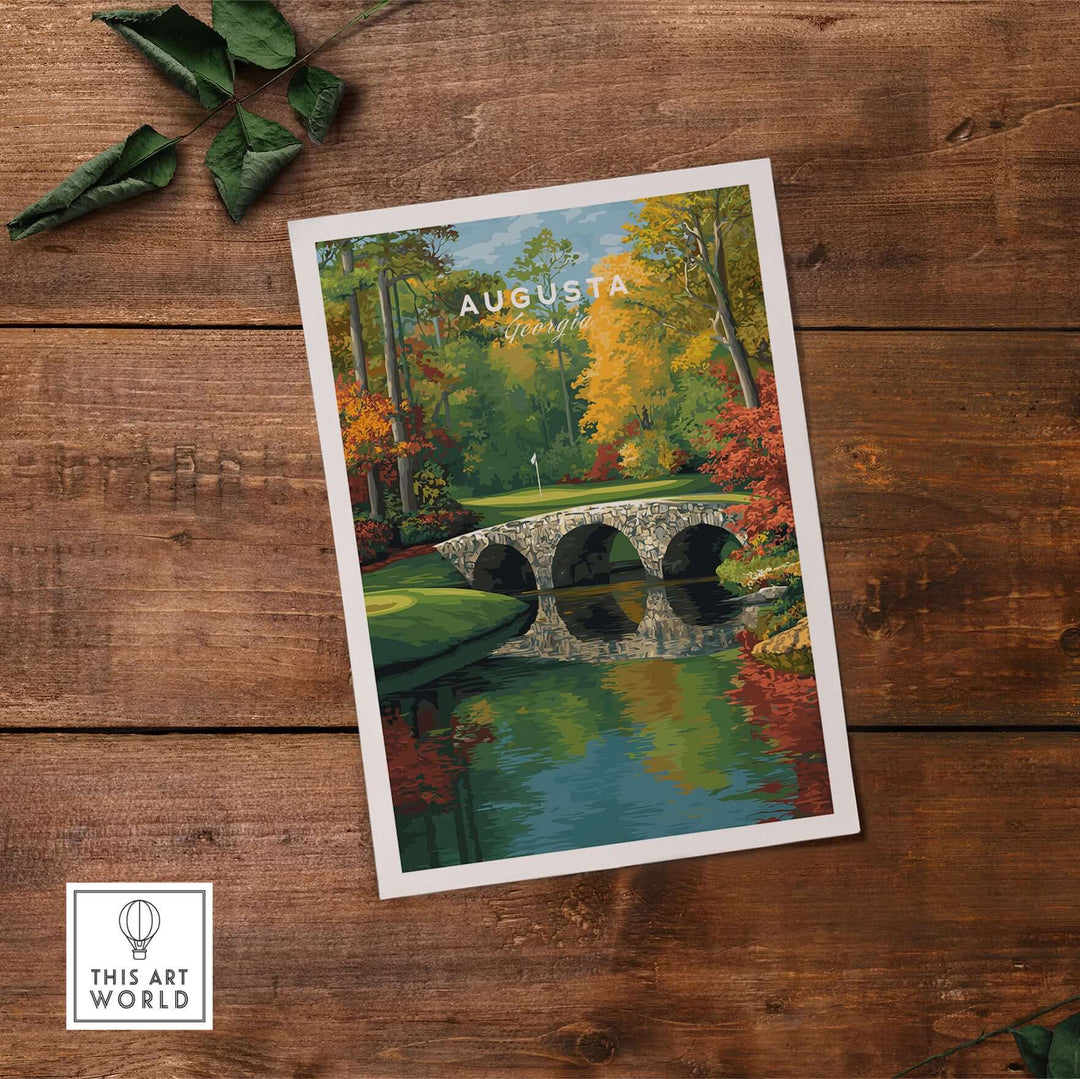 Augusta Rae's Creek golf print featuring the iconic Hogan Bridge surrounded by autumn foliage.
