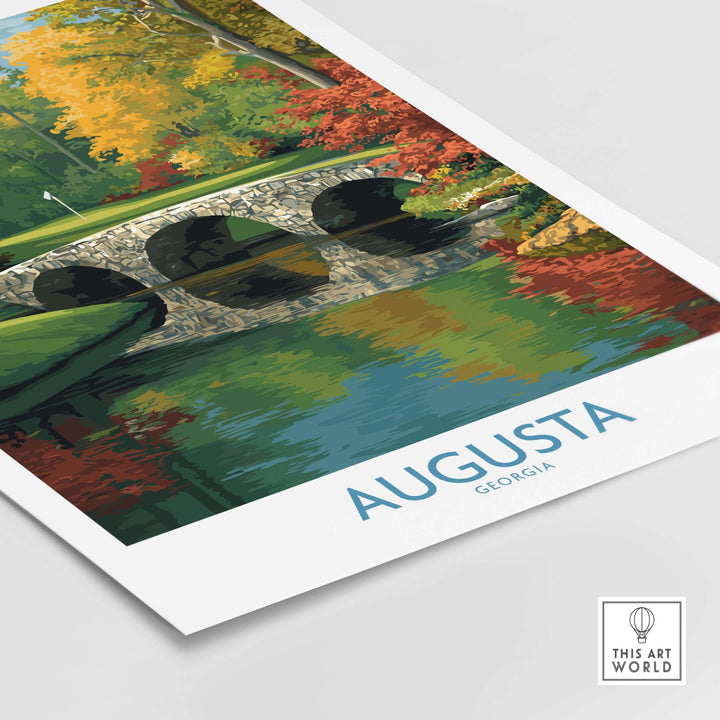 Augusta Georgia golf print featuring Rae's Creek Bridge and vibrant fall colors, perfect for golf enthusiasts.