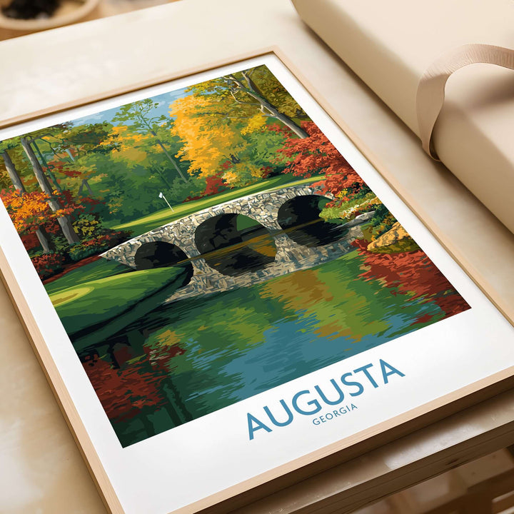 Art print of Augusta Georgia's iconic Rae's Creek Bridge at the 12th hole, showcasing fall colors and reflections.