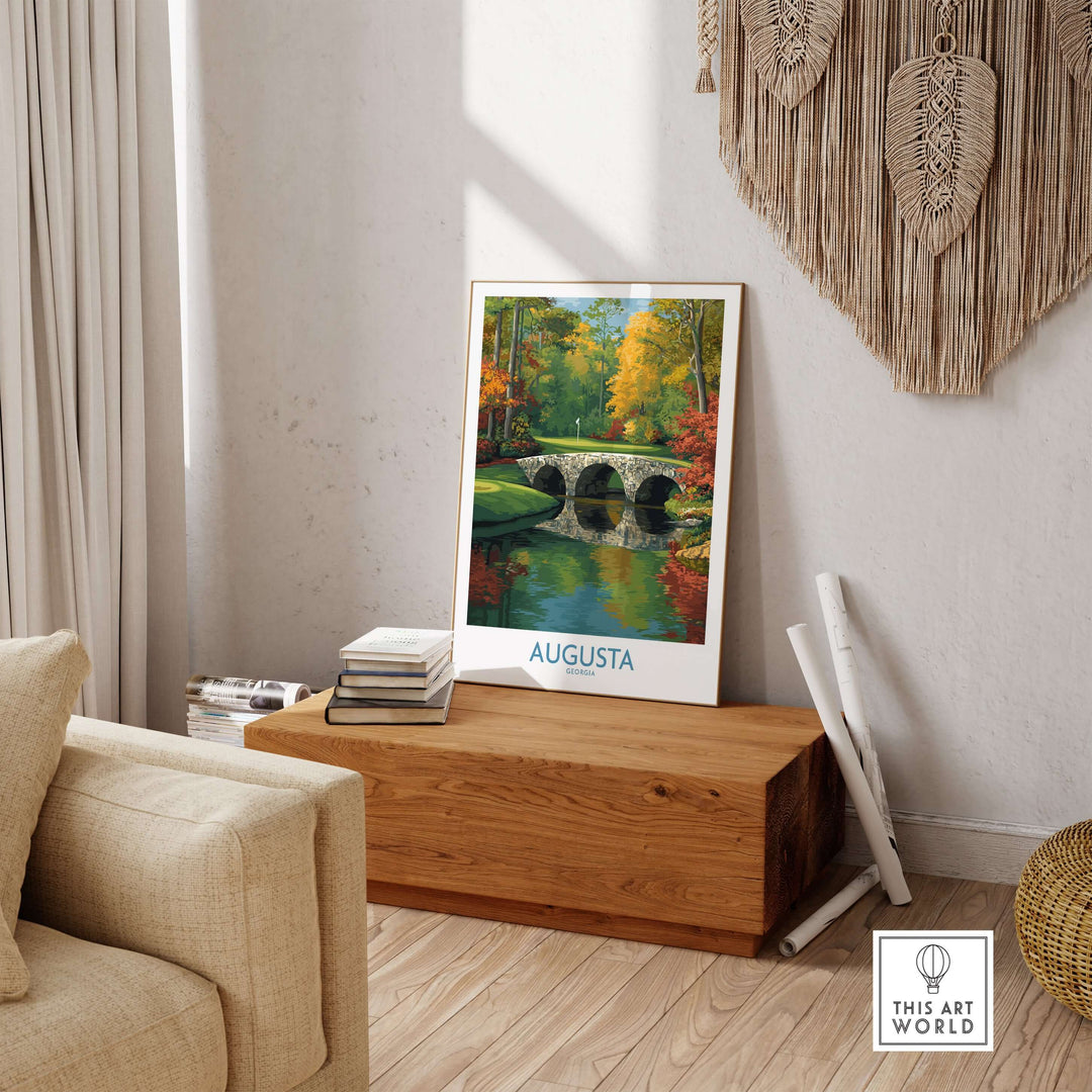 Augusta Georgia Stone Bridge Golf Print showcasing 12th hole and Rae's Creek, perfect for golf enthusiasts and decor.