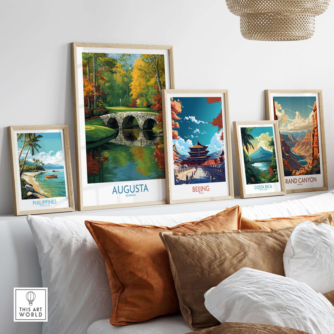 Gallery of destination art prints featuring Augusta, Beijing, Costa Rica, Philippines, and Grand Canyon framed on a wall.