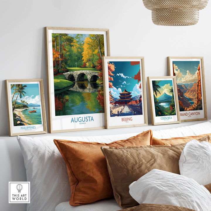 Gallery of destination art prints featuring Augusta, Beijing, Costa Rica, Philippines, and Grand Canyon framed on a wall.