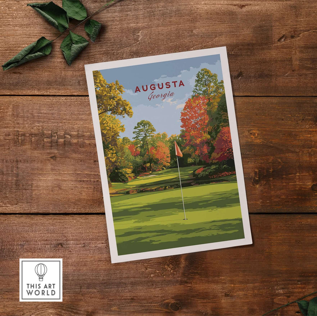 Augusta Golf Print showcasing lush green fairways and colorful trees of Georgia's iconic golf course.