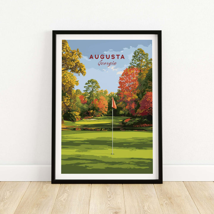 Augusta Golf Print showcasing Georgia's famous golf course with vibrant fall colors and a flag on the green.
