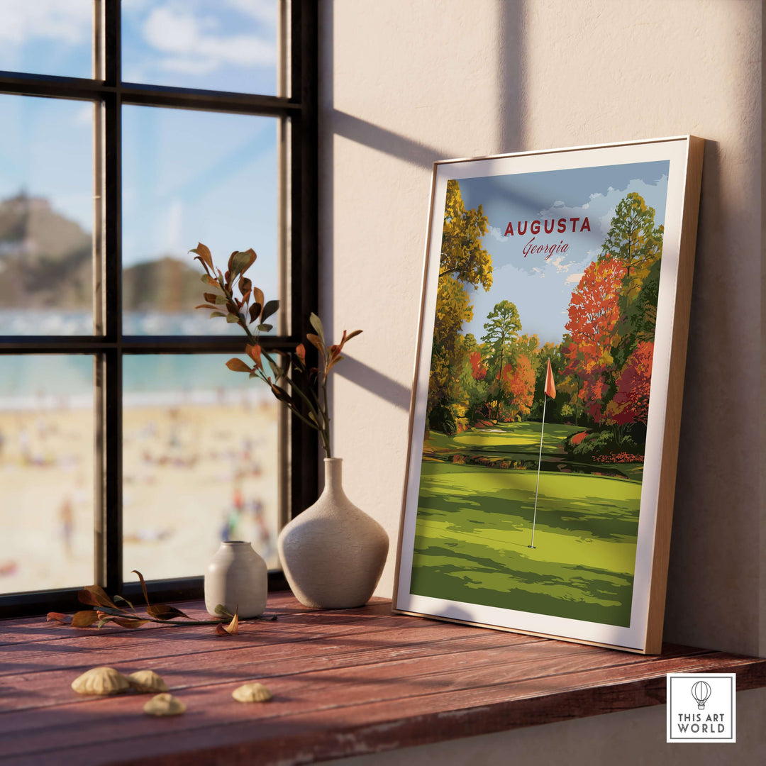 Augusta Golf Print showcasing Georgia's iconic course with vibrant fall colors, perfect for golf enthusiasts' decor.