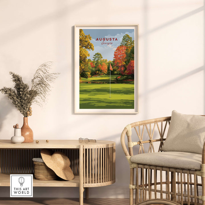 Augusta Golf Print featuring lush fairways and vibrant azaleas, perfect wall art for golf enthusiasts.