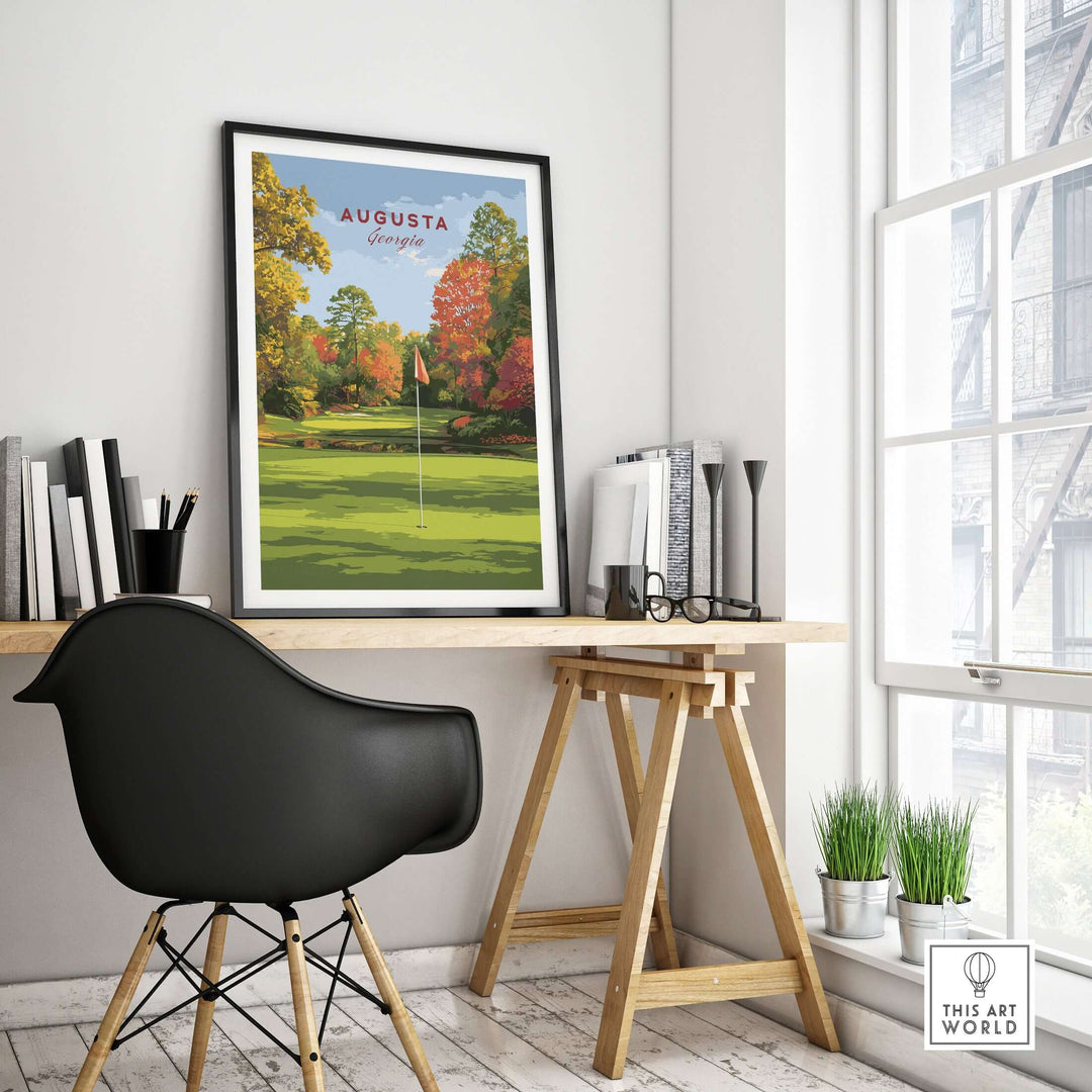Augusta golf print showcased in modern office decor, highlighting Georgia's iconic golf course landscape.