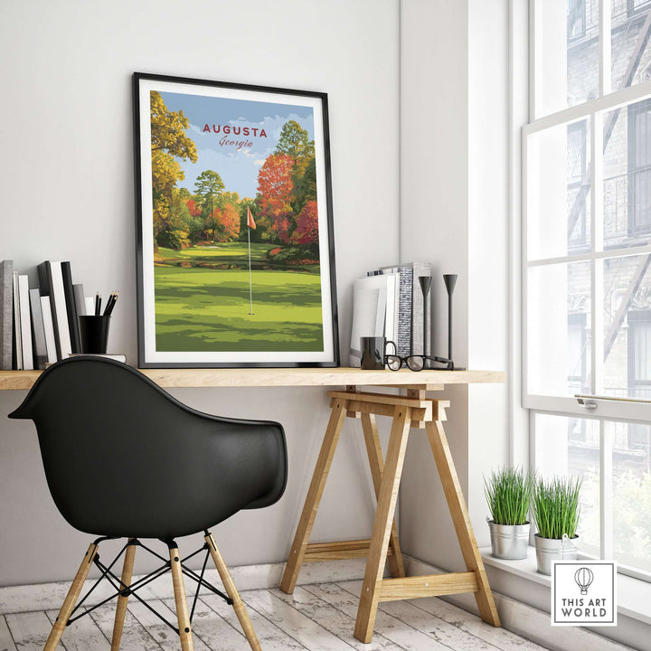 Augusta golf print showcased in modern office decor, highlighting Georgia's iconic golf course landscape.
