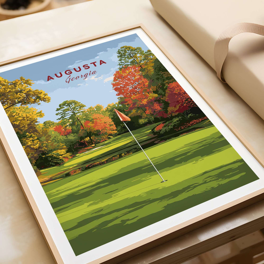 Augusta Golf Print featuring vibrant autumn colors and a golf pin at Georgia's prestigious course.