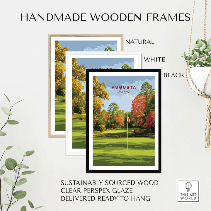 Handmade wooden frames in natural, white, and black for Augusta Golf Print, made with sustainably sourced wood.
