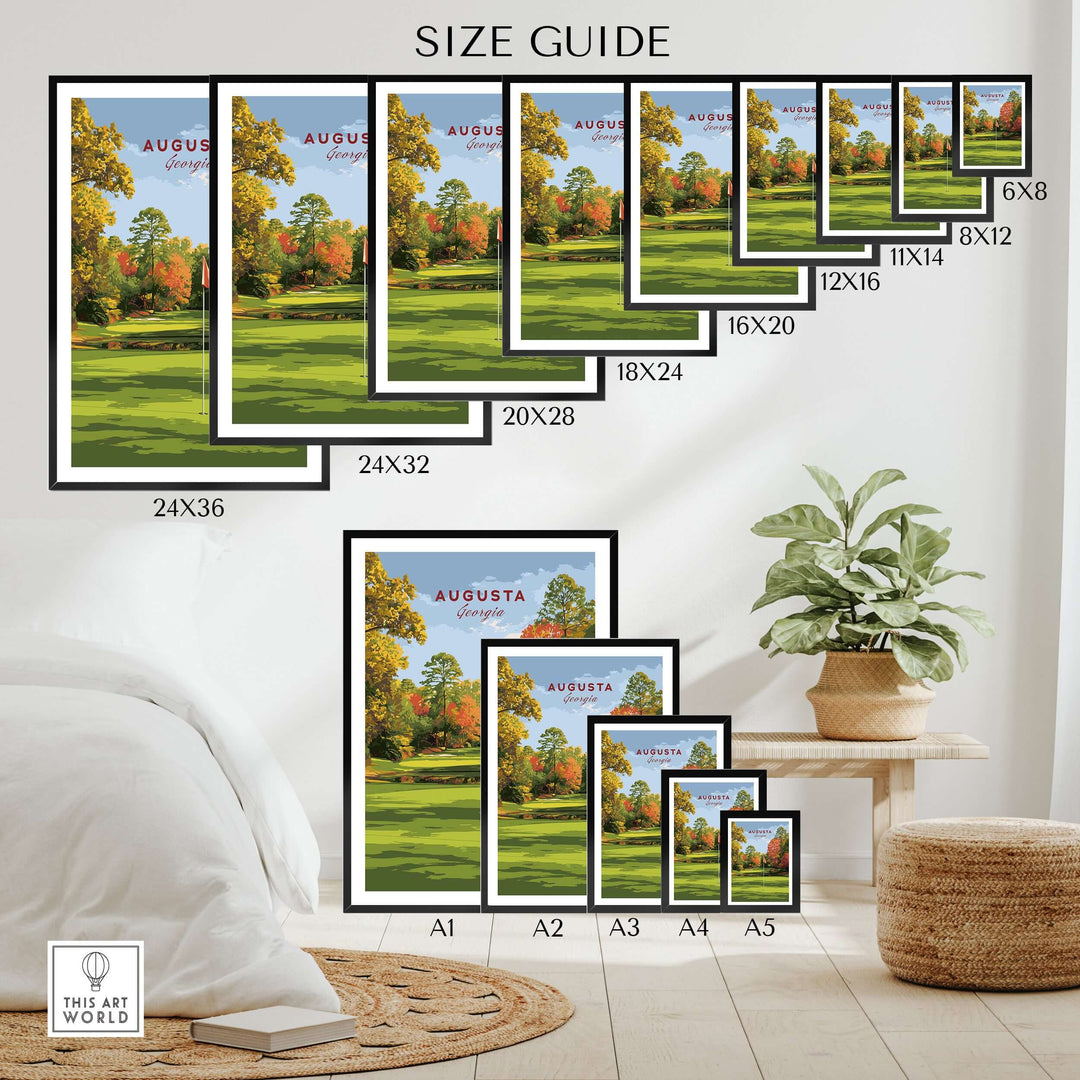 Size guide for Augusta Golf Print showing various dimensions for wall art in a stylish living space.